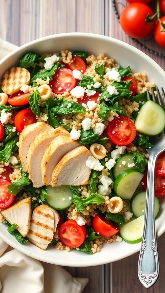 A colorful quinoa chicken kale salad with grilled chicken, cherry tomatoes, cucumber, and feta cheese in a bowl.